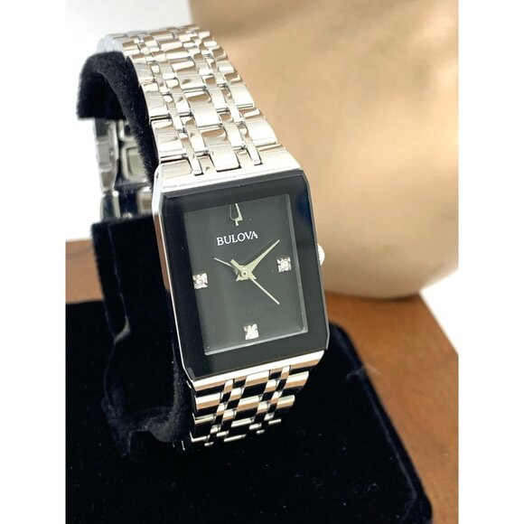 Bulova Women's Watch 96P202 Quartz Black Dial Diamond Quadra Tank Silver Steel - Picture 13 of 14